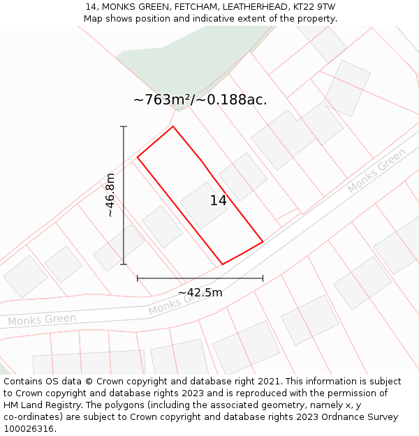 14, MONKS GREEN, FETCHAM, LEATHERHEAD, KT22 9TW: Plot and title map