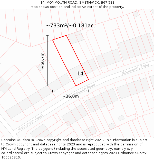 14, MONMOUTH ROAD, SMETHWICK, B67 5EE: Plot and title map