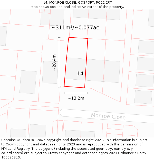 14, MONROE CLOSE, GOSPORT, PO12 2RT: Plot and title map