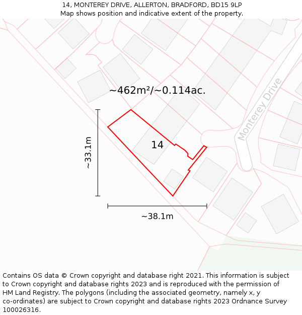 14, MONTEREY DRIVE, ALLERTON, BRADFORD, BD15 9LP: Plot and title map