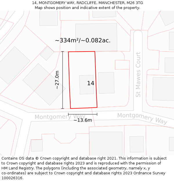 14, MONTGOMERY WAY, RADCLIFFE, MANCHESTER, M26 3TG: Plot and title map