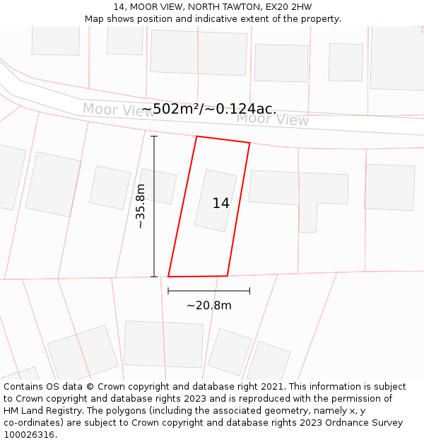 14, MOOR VIEW, NORTH TAWTON, EX20 2HW: Plot and title map