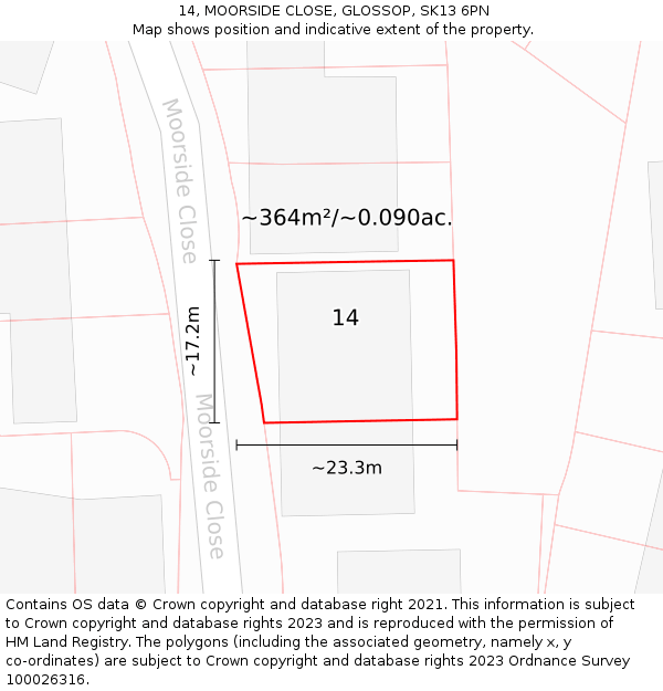 14, MOORSIDE CLOSE, GLOSSOP, SK13 6PN: Plot and title map