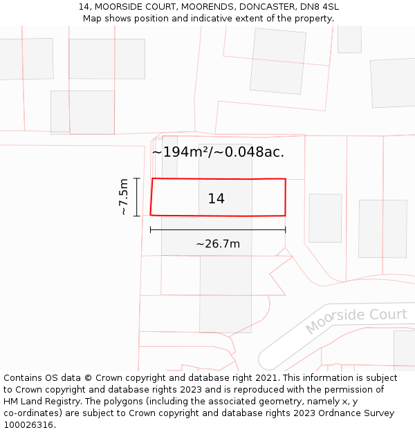 14, MOORSIDE COURT, MOORENDS, DONCASTER, DN8 4SL: Plot and title map