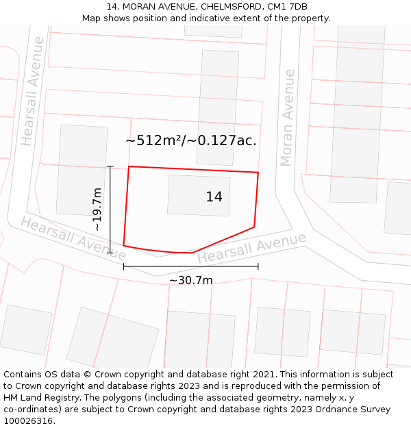 14, MORAN AVENUE, CHELMSFORD, CM1 7DB: Plot and title map