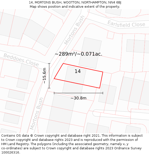 14, MORTONS BUSH, WOOTTON, NORTHAMPTON, NN4 6BJ: Plot and title map