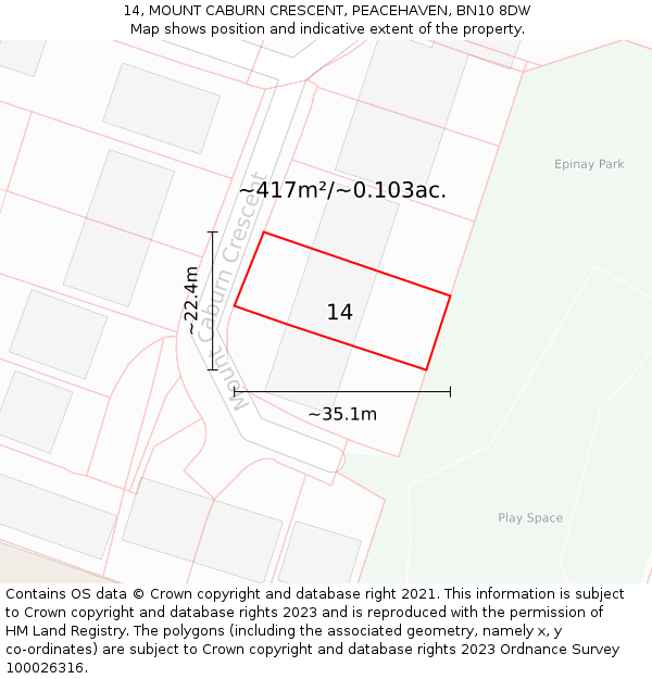 14, MOUNT CABURN CRESCENT, PEACEHAVEN, BN10 8DW: Plot and title map