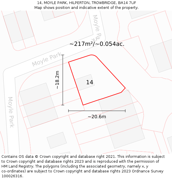 14, MOYLE PARK, HILPERTON, TROWBRIDGE, BA14 7UF: Plot and title map