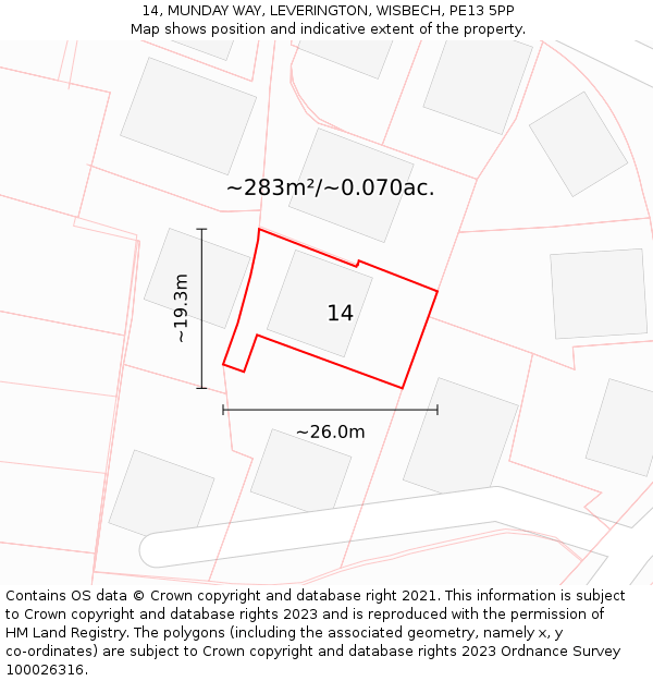 14, MUNDAY WAY, LEVERINGTON, WISBECH, PE13 5PP: Plot and title map