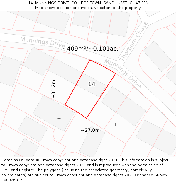 14, MUNNINGS DRIVE, COLLEGE TOWN, SANDHURST, GU47 0FN: Plot and title map