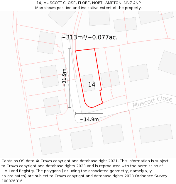14, MUSCOTT CLOSE, FLORE, NORTHAMPTON, NN7 4NP: Plot and title map