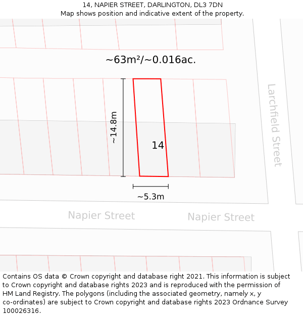 14, NAPIER STREET, DARLINGTON, DL3 7DN: Plot and title map