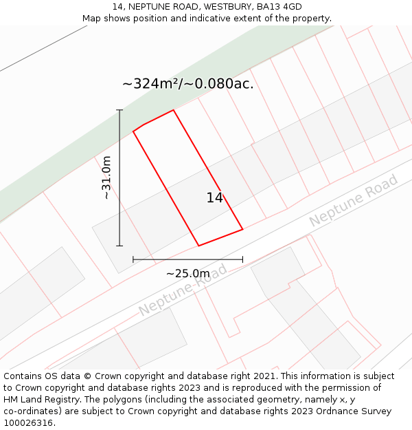 14, NEPTUNE ROAD, WESTBURY, BA13 4GD: Plot and title map