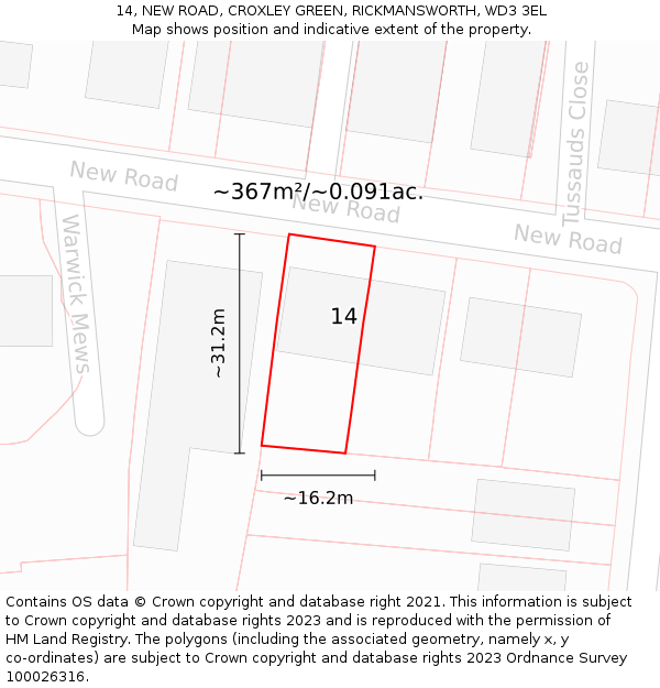 14, NEW ROAD, CROXLEY GREEN, RICKMANSWORTH, WD3 3EL: Plot and title map