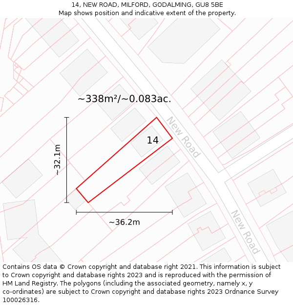 14, NEW ROAD, MILFORD, GODALMING, GU8 5BE: Plot and title map