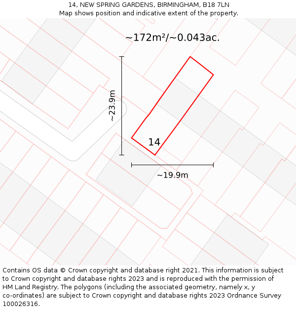 14, NEW SPRING GARDENS, BIRMINGHAM, B18 7LN: Plot and title map