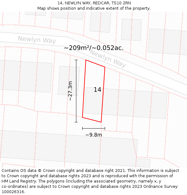 14, NEWLYN WAY, REDCAR, TS10 2RN: Plot and title map