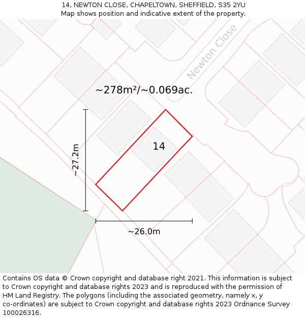 14, NEWTON CLOSE, CHAPELTOWN, SHEFFIELD, S35 2YU: Plot and title map