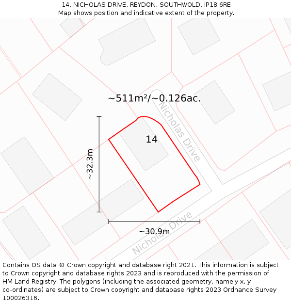 14, NICHOLAS DRIVE, REYDON, SOUTHWOLD, IP18 6RE: Plot and title map