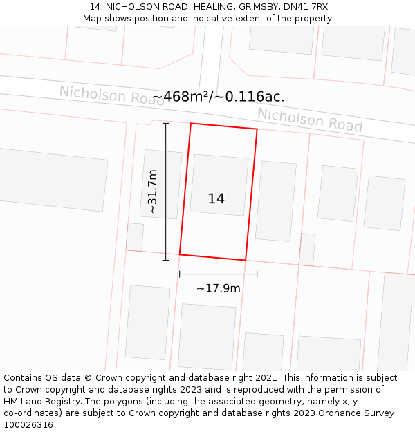 14, NICHOLSON ROAD, HEALING, GRIMSBY, DN41 7RX: Plot and title map