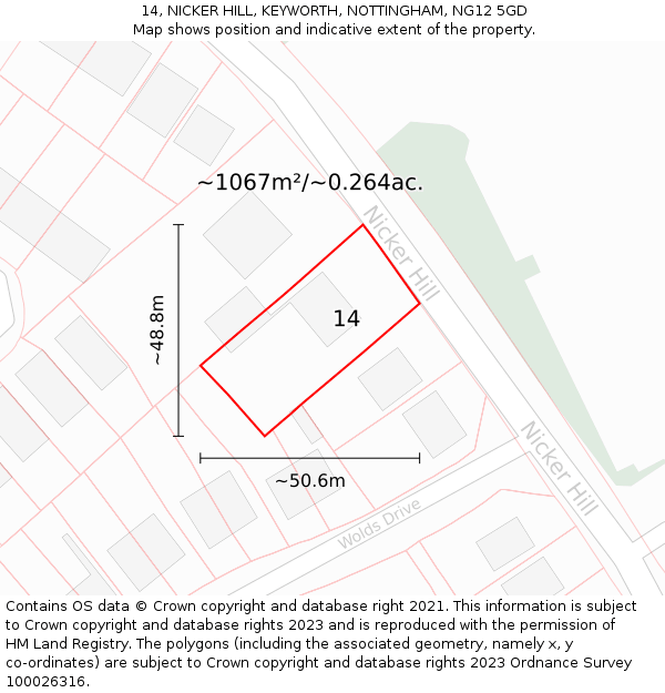 14, NICKER HILL, KEYWORTH, NOTTINGHAM, NG12 5GD: Plot and title map