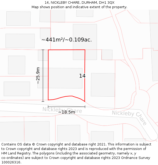 14, NICKLEBY CHARE, DURHAM, DH1 3QX: Plot and title map