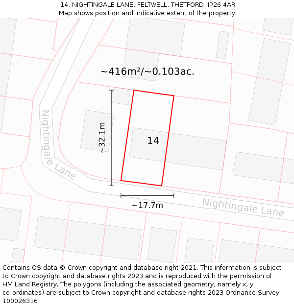 14, NIGHTINGALE LANE, FELTWELL, THETFORD, IP26 4AR: Plot and title map