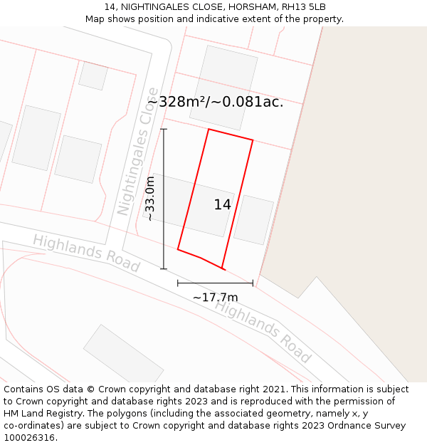 14, NIGHTINGALES CLOSE, HORSHAM, RH13 5LB: Plot and title map