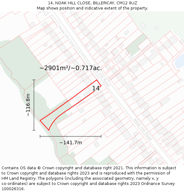 14, NOAK HILL CLOSE, BILLERICAY, CM12 9UZ: Plot and title map