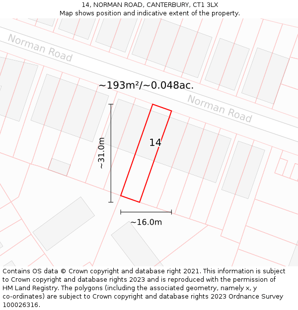 14, NORMAN ROAD, CANTERBURY, CT1 3LX: Plot and title map