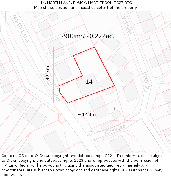 14, NORTH LANE, ELWICK, HARTLEPOOL, TS27 3EG: Plot and title map