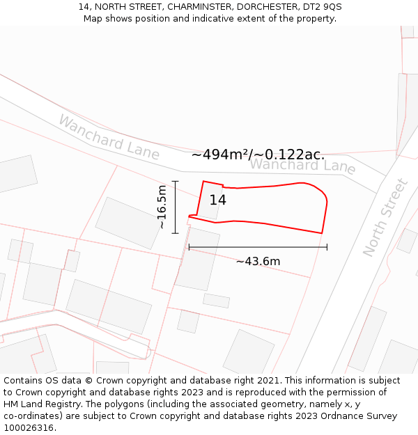 14, NORTH STREET, CHARMINSTER, DORCHESTER, DT2 9QS: Plot and title map