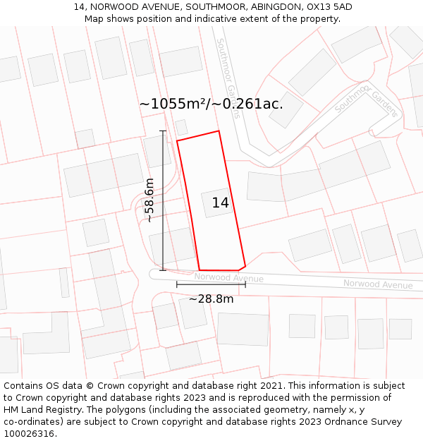 14, NORWOOD AVENUE, SOUTHMOOR, ABINGDON, OX13 5AD: Plot and title map