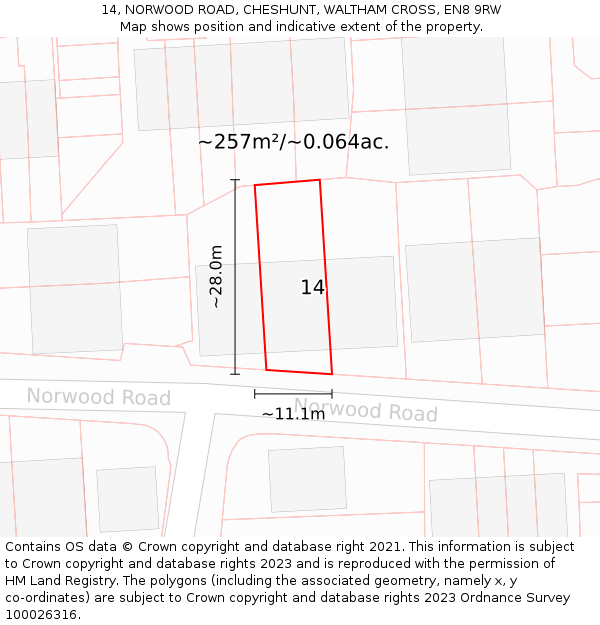 14, NORWOOD ROAD, CHESHUNT, WALTHAM CROSS, EN8 9RW: Plot and title map