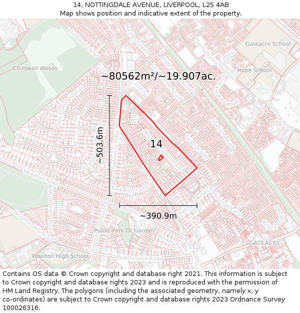 14, NOTTINGDALE AVENUE, LIVERPOOL, L25 4AB: Plot and title map