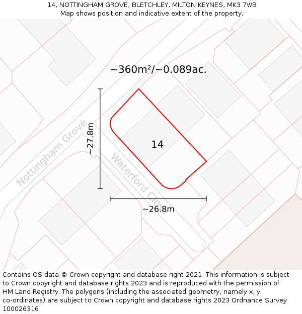 14, NOTTINGHAM GROVE, BLETCHLEY, MILTON KEYNES, MK3 7WB: Plot and title map