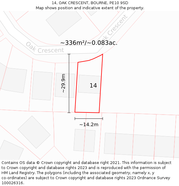 14, OAK CRESCENT, BOURNE, PE10 9SD: Plot and title map