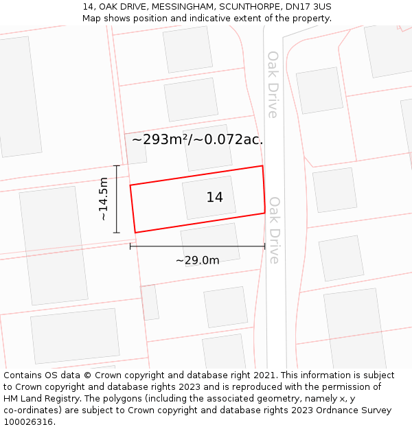 14, OAK DRIVE, MESSINGHAM, SCUNTHORPE, DN17 3US: Plot and title map