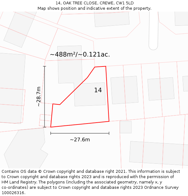 14, OAK TREE CLOSE, CREWE, CW1 5LD: Plot and title map