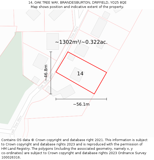 14, OAK TREE WAY, BRANDESBURTON, DRIFFIELD, YO25 8QE: Plot and title map