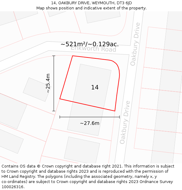 14, OAKBURY DRIVE, WEYMOUTH, DT3 6JD: Plot and title map