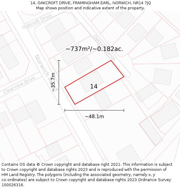 14, OAKCROFT DRIVE, FRAMINGHAM EARL, NORWICH, NR14 7JQ: Plot and title map