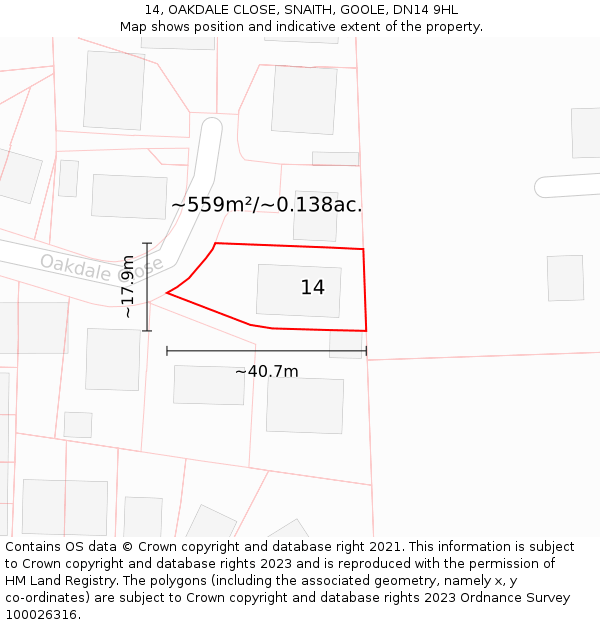 14, OAKDALE CLOSE, SNAITH, GOOLE, DN14 9HL: Plot and title map