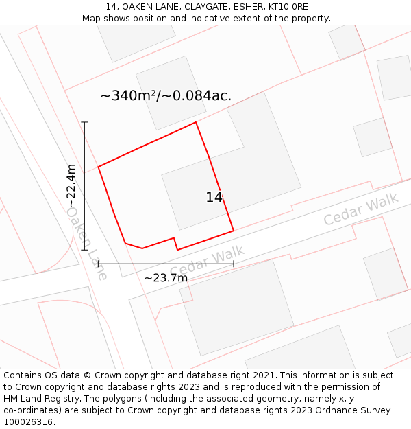 14, OAKEN LANE, CLAYGATE, ESHER, KT10 0RE: Plot and title map