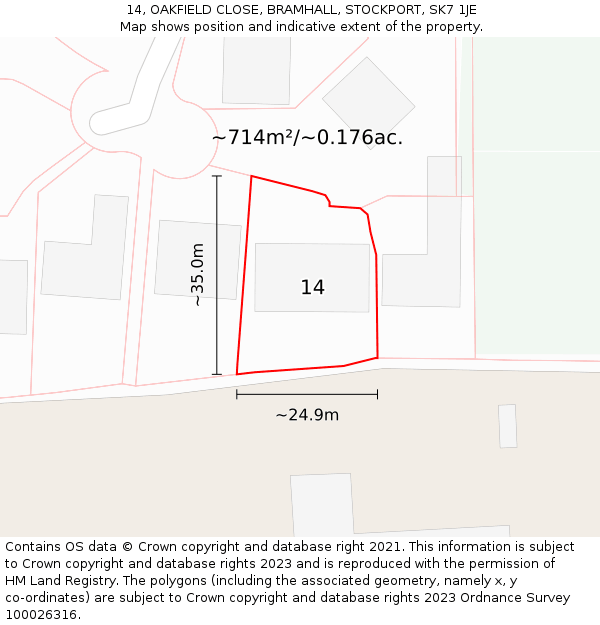 14, OAKFIELD CLOSE, BRAMHALL, STOCKPORT, SK7 1JE: Plot and title map