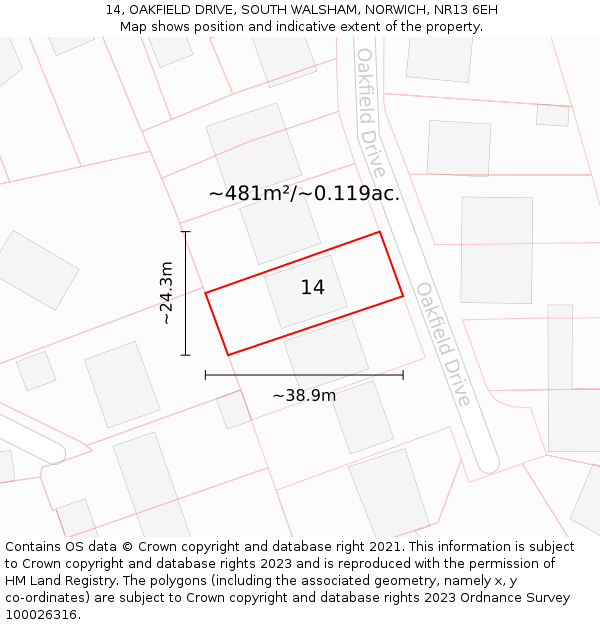 14, OAKFIELD DRIVE, SOUTH WALSHAM, NORWICH, NR13 6EH: Plot and title map