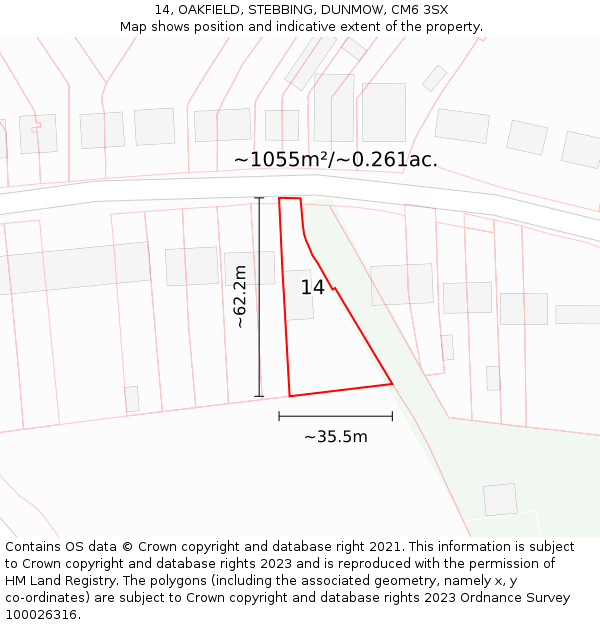 14, OAKFIELD, STEBBING, DUNMOW, CM6 3SX: Plot and title map