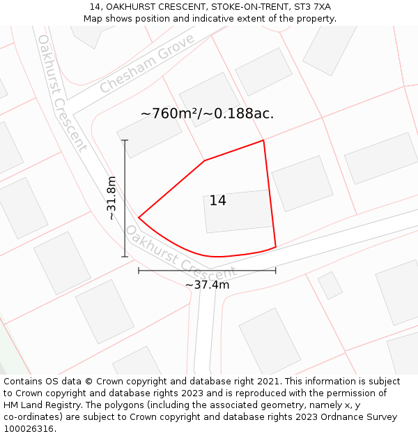 14, OAKHURST CRESCENT, STOKE-ON-TRENT, ST3 7XA: Plot and title map