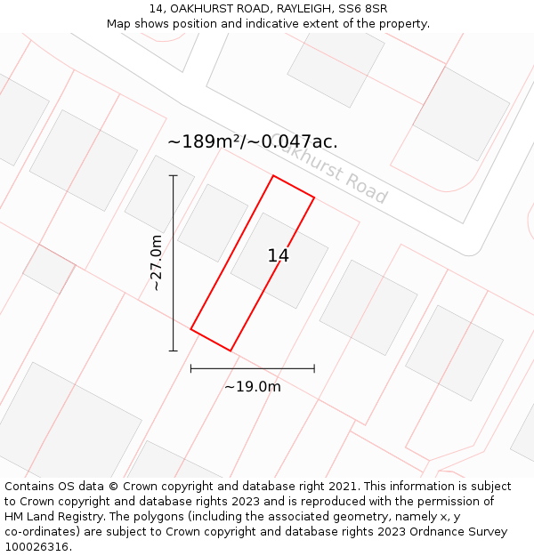 14, OAKHURST ROAD, RAYLEIGH, SS6 8SR: Plot and title map