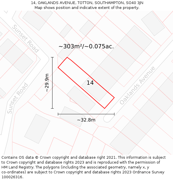 14, OAKLANDS AVENUE, TOTTON, SOUTHAMPTON, SO40 3JN: Plot and title map